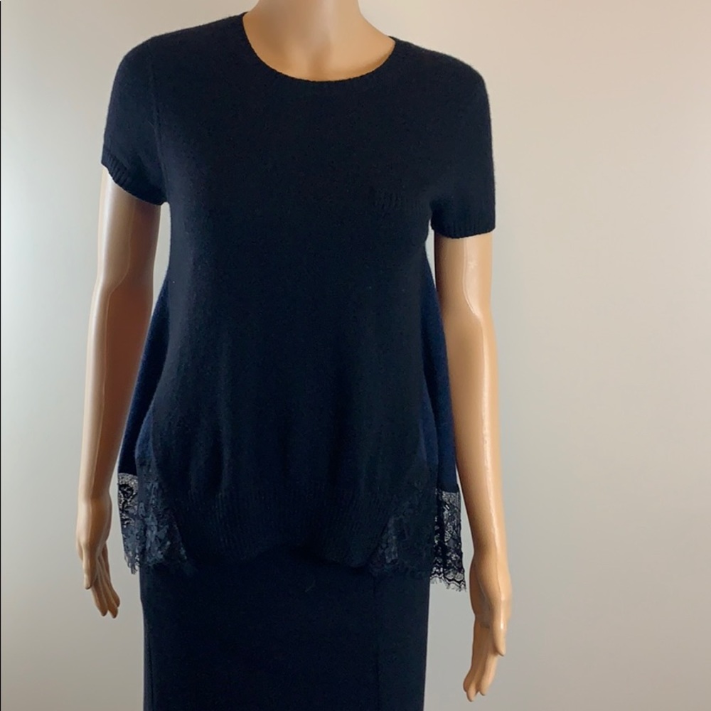 Autumn Cashmere black and navy cashmere sweater with lace trim